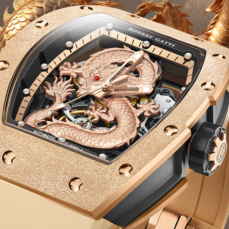 BONEST GATTI Tonneau Shaped Dragon theme frosted gold finishing Case Men's Automatic Mechanical Watch Luminous BG5003