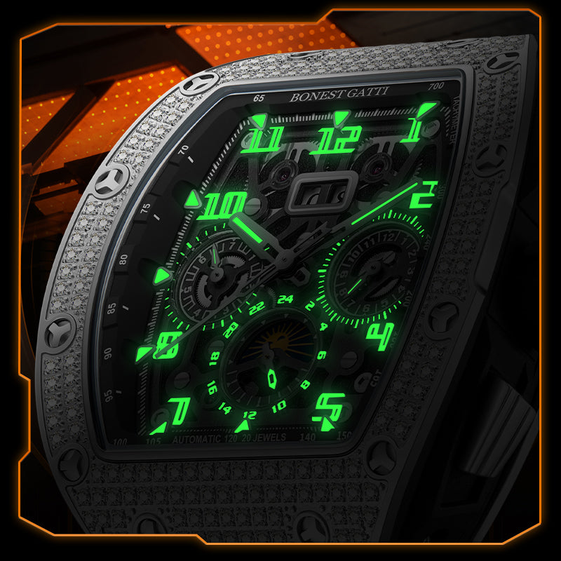BONEST GATTI Automatic Zircon Bezel Barrel Shaped Skeleton Sapphire Crystal Watch BG5004