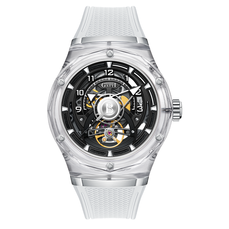 BONEST GATTI Transparent Case Dodecagon Bezel Automatic Skeleton Movement Round Shaped Fluororubber Strap Watch BG6003-R2