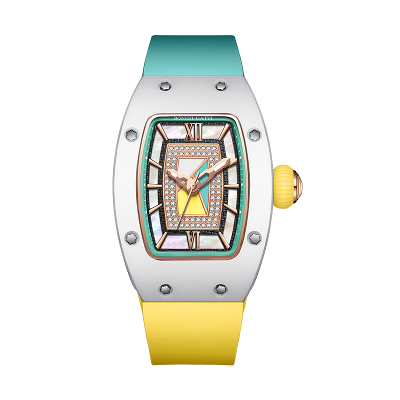 BONEST GATTI Ceramic Case Mother-of-pearl 80 Zirconia Stones Dial Women's Mechanical Watch Luxury Brand Sapphire Rubber Glass Ladies Automatic Waterproof Girl Wristwatch BG3003-R2