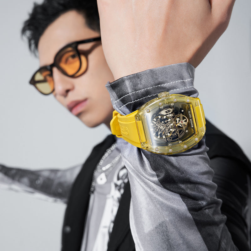 BONEST GATTI Barrel shaped K9 Crystal case Skeleton Movement Fluororubber Strap Watch Luminous BG6005