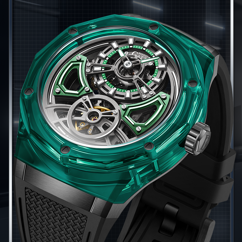 BONEST GATTI Transparent Case Dodecagon Bezel Automatic Skeleton Movement Round Shaped Fluororubber Strap Watch BG-5807