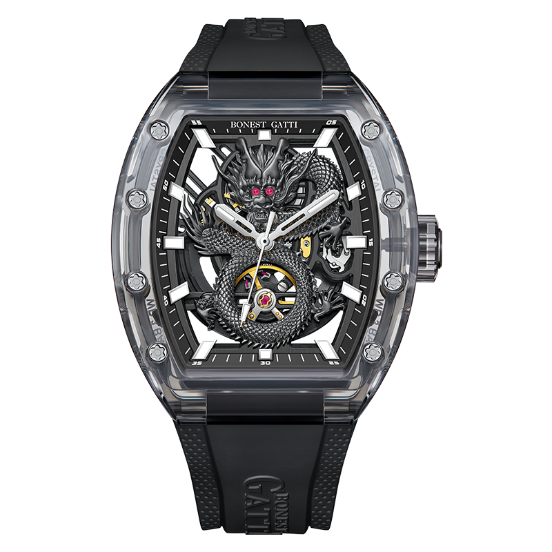 BONEST GATTI Crystal Case Dragon Barrel shaped Skeleton Movement K9 Crystal Case Fluororubber Strap Watch Luminous GB9980