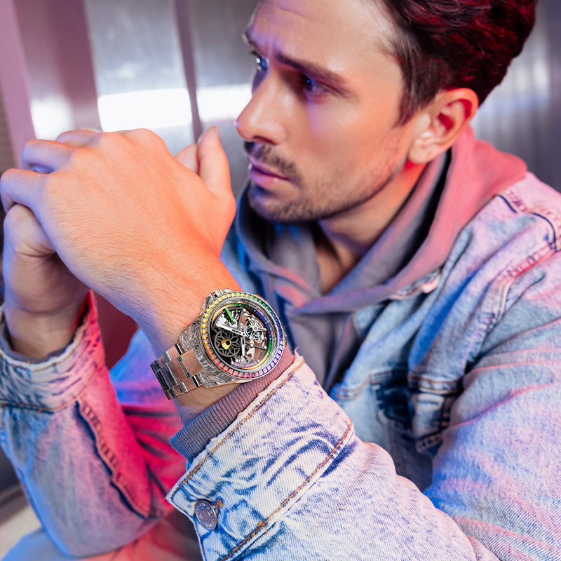 BONEST GATTI Automatic Tourbillon Movement Transparent K9 Crystal Case Skeleton Dial Sapphire Watch Crystal Rainbow Bezel K9 Crystal Bracelet 3ATM Waterproof Luminous BG7002