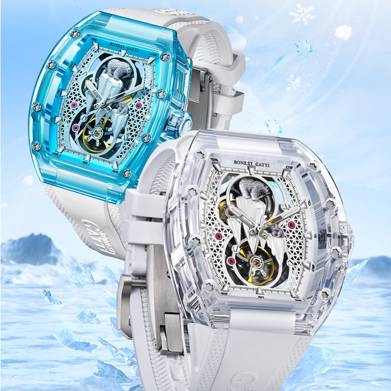 BONEST GATTI Crystal Case 3D Polar Bear Tonneau shaped Skeleton Movement K9 Crystal Case Fluororubber Strap Watch Luminous GB6002
