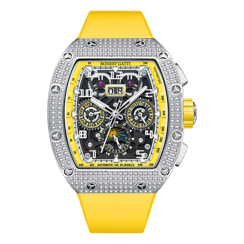 BONEST GATTI Automatic Zircon Bezel Barrel Shaped Skeleton Sapphire Crystal Watch BG5004