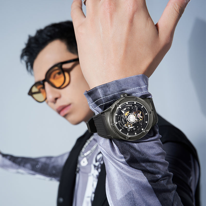 BONEST GATTI Transparent Case Dodecagon Bezel Automatic Skeleton Movement Round Shaped Fluororubber Strap Watch BG6003-R2