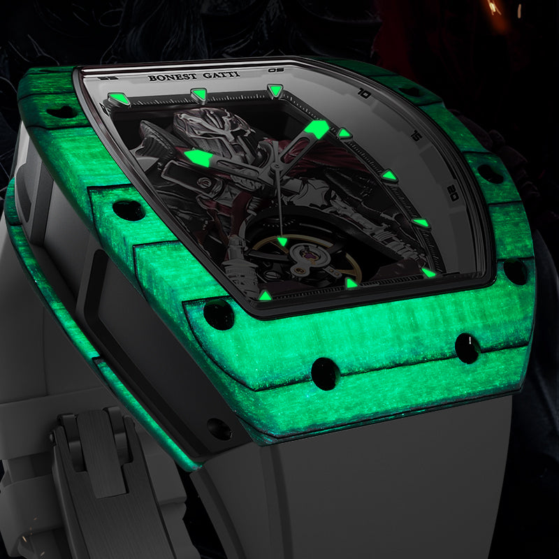 BONEST GATTI Automatic Tonneau Watch Spartan Warrior Series Carbon Fiber Skeleton Self Wind Movement Sapphire Crystal Luminous Watch BG9009