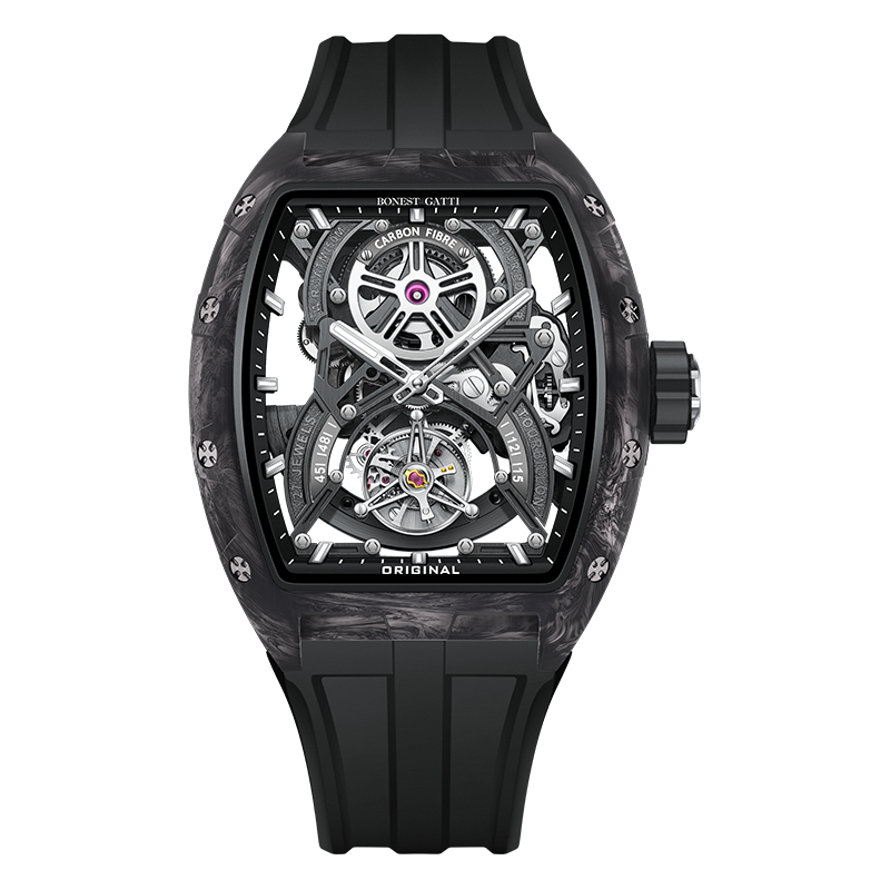 BONEST GATTI Automatic Tourbillon Movement Tonneau Shaped Forged Carbon Fiber Case Sapphire Crystal Fluororubber Strap Luminous BG7003