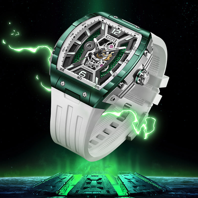 BONEST GATTI Automatic Tonneau Men Watch Barrel shaped Case Skeleton Self Wind Movement Wristwatch Luminous BG5601