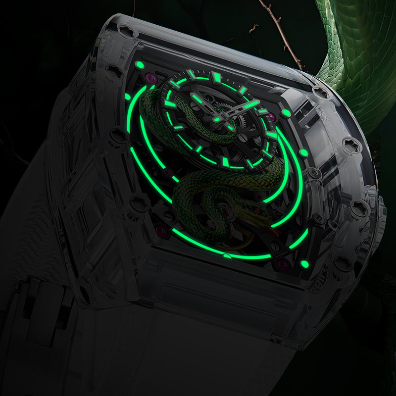 BONEST GATTI Transparent Tonneau Case 3D Snake Dial Skeleton Movement Fluororubber Strap Watch Luminous BG6004