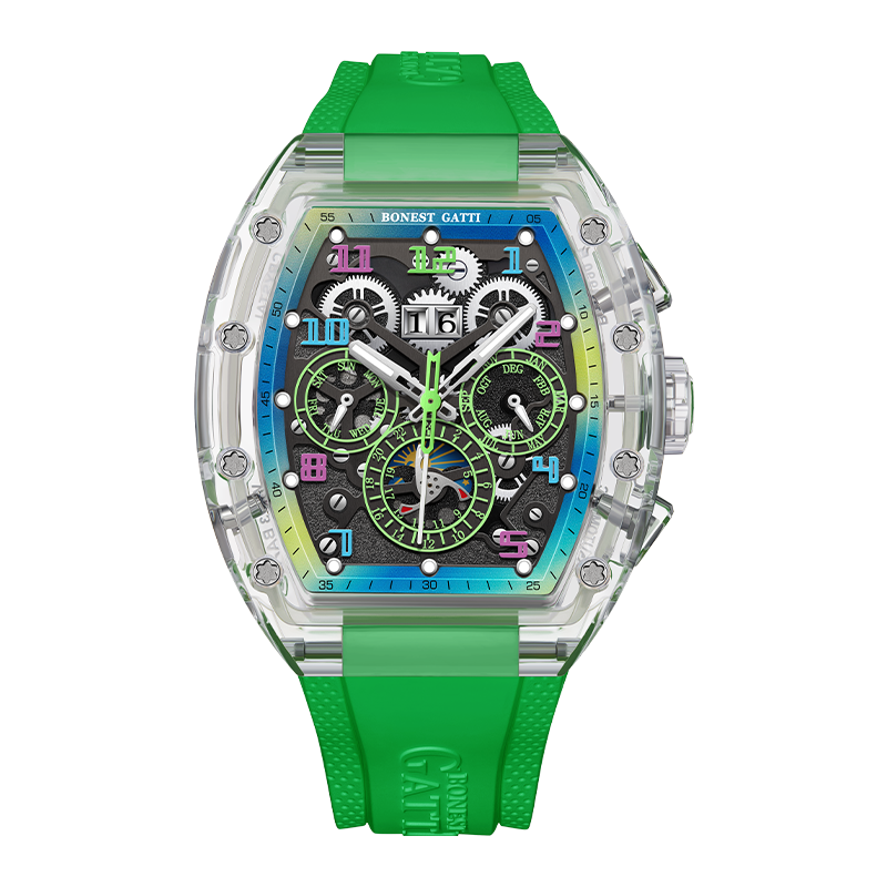 BONEST GATTI Barrel shaped Skeleton Movement K9 Crystal Case Fluororubber Strap Watch Luminous BG9920