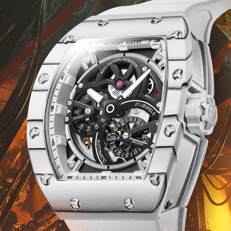 BONEST GATTI Carbon Fiber + Aluminum Alloy Case Barrel Shaped Tonneau Watch Skeleton Movement Sapphire Crystal Quick-Release Strap Watch BG9004