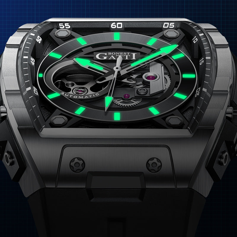 BONEST GATTI Tonneau Automatic Men Watch Barrel shaped Skeleton Self Wind Movement Watch Sapphire Crystal Luminous BG5602