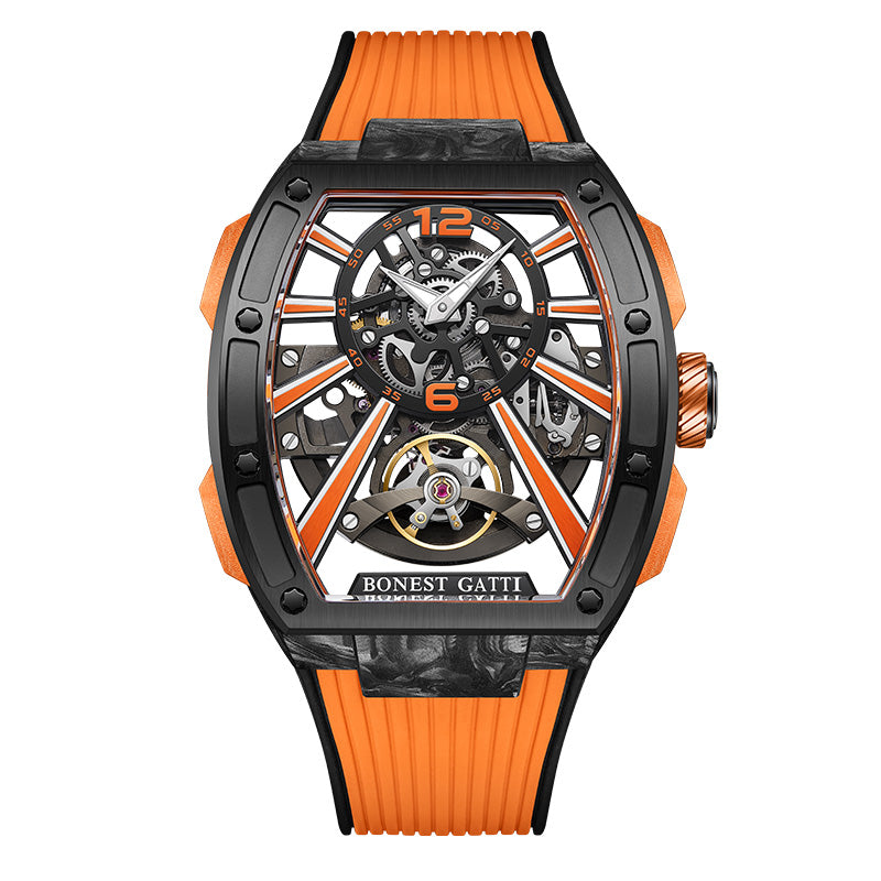 Carbon fiber+fine Steel Case Barrel shaped sapphire crystal watch Skeleton Movement Watch BG9950