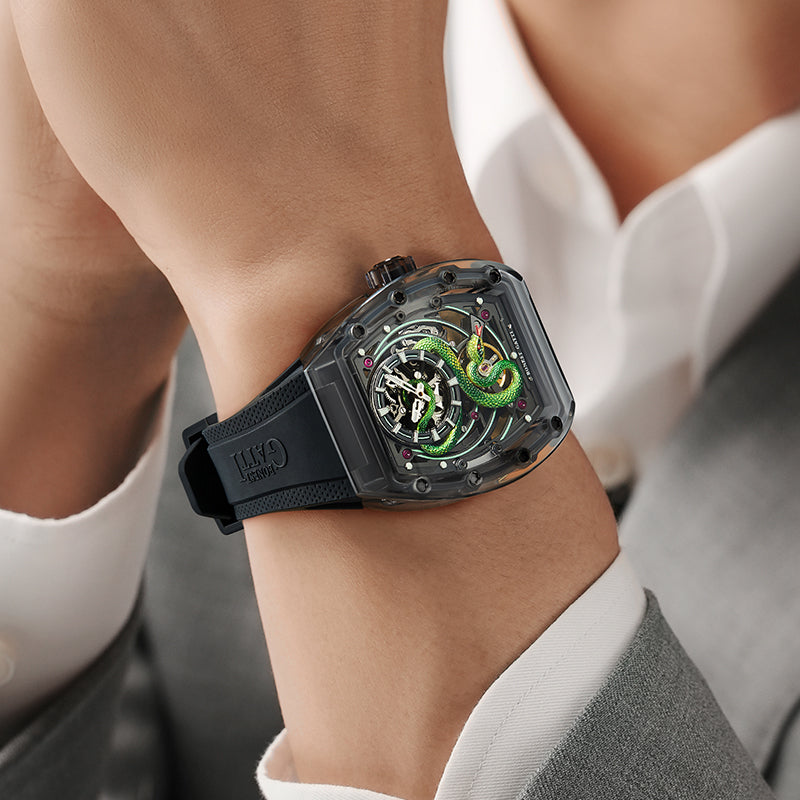 BONEST GATTI Transparent Tonneau Case 3D Snake Dial Skeleton Movement Fluororubber Strap Watch Luminous BG6004