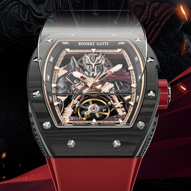 BONEST GATTI Automatic Tonneau Watch Spartan Warrior Series Carbon Fiber Skeleton Self Wind Movement Sapphire Crystal Luminous Watch BG9009