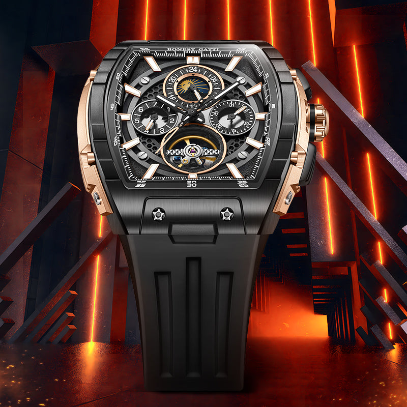 BONEST GATTI Automatic Tonneau Watch Calendar Week Display Skeleton Self Wind Movement Sapphire Crystal Luminous Watch BG5005