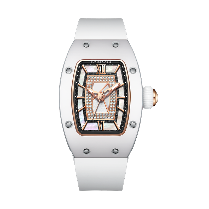 BONEST GATTI Ceramic Case Mother-of-pearl 80 Zirconia Stones Dial Women's Mechanical Watch Luxury Brand Sapphire Rubber Glass Ladies Automatic Waterproof Girl Wristwatch BG3003-R2