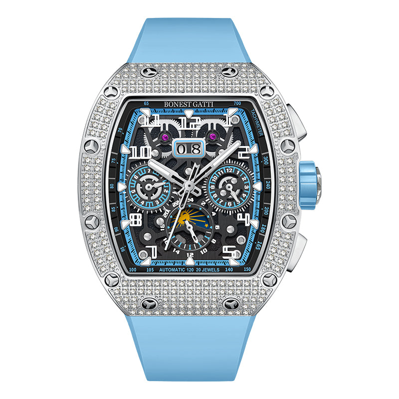 BONEST GATTI Automatic Zircon Bezel Barrel Shaped Skeleton Sapphire Crystal Watch BG5004