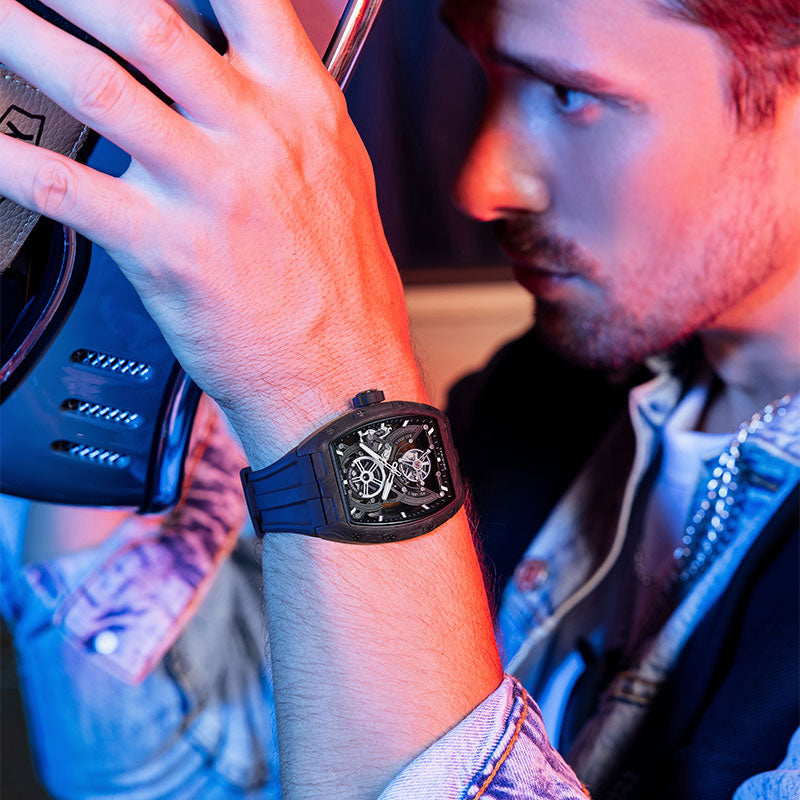 BONEST GATTI Automatic Tourbillon Movement Tonneau Shaped Forged Carbon Fiber Case Sapphire Crystal Fluororubber Strap Luminous BG7003