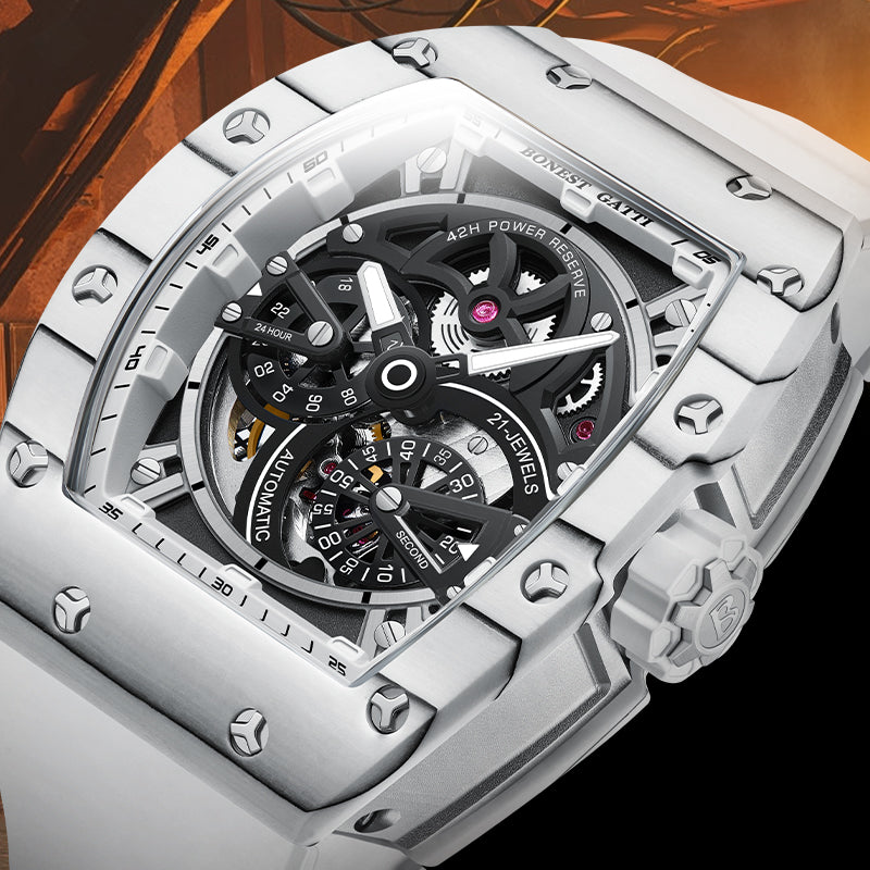 BONEST GATTI Carbon Fiber + Aluminum Alloy Case Barrel Shaped Tonneau Watch Skeleton Movement Sapphire Crystal Quick-Release Strap Watch BG9004