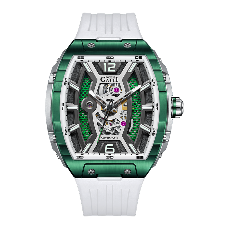 BONEST GATTI Automatic Tonneau Men Watch Barrel shaped Case Skeleton Self Wind Movement Wristwatch Luminous BG5601