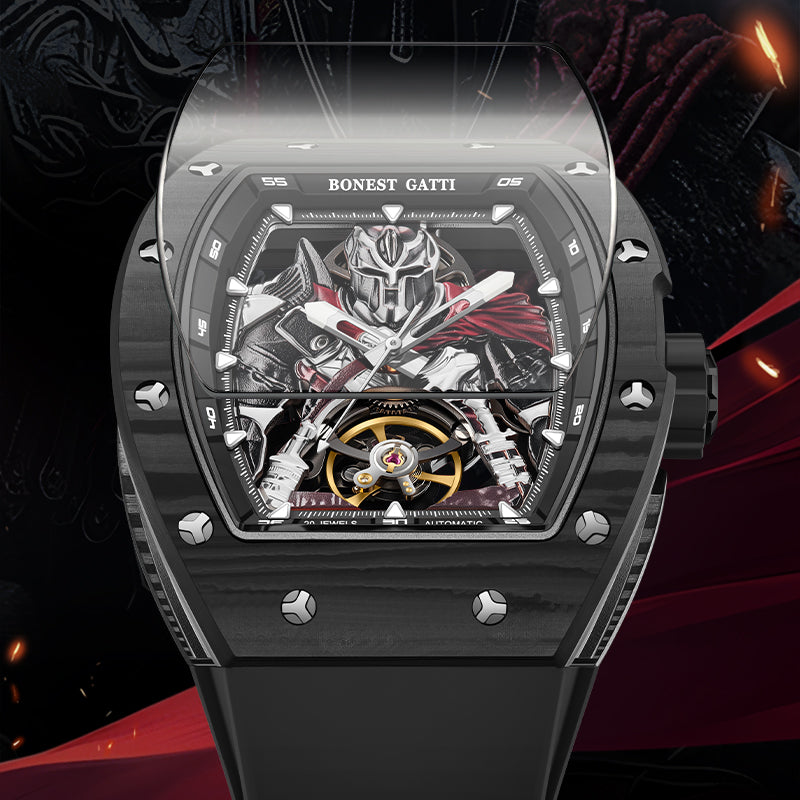 BONEST GATTI Automatic Tonneau Watch Spartan Warrior Series Carbon Fiber Skeleton Self Wind Movement Sapphire Crystal Luminous Watch BG9009