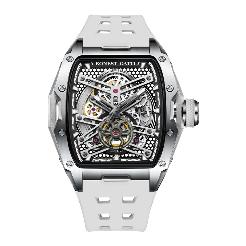 BONEST GATTI Tonneau Automatic Men Watch Skeleton Self Wind Movement Barrel shaped Case Luminous BG5502