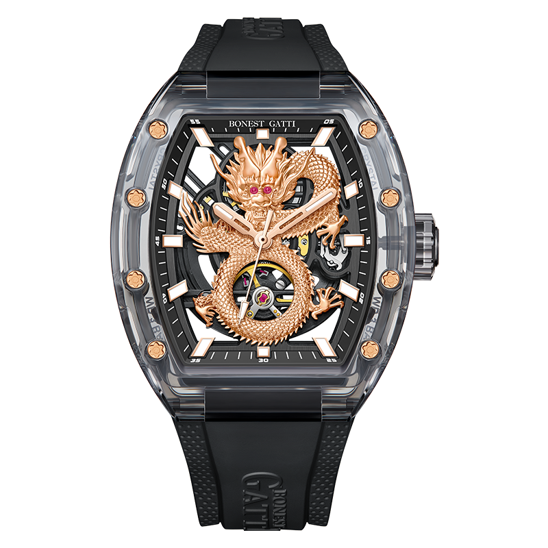 BONEST GATTI Crystal Case Dragon Barrel shaped Skeleton Movement K9 Crystal Case Fluororubber Strap Watch Luminous GB9980