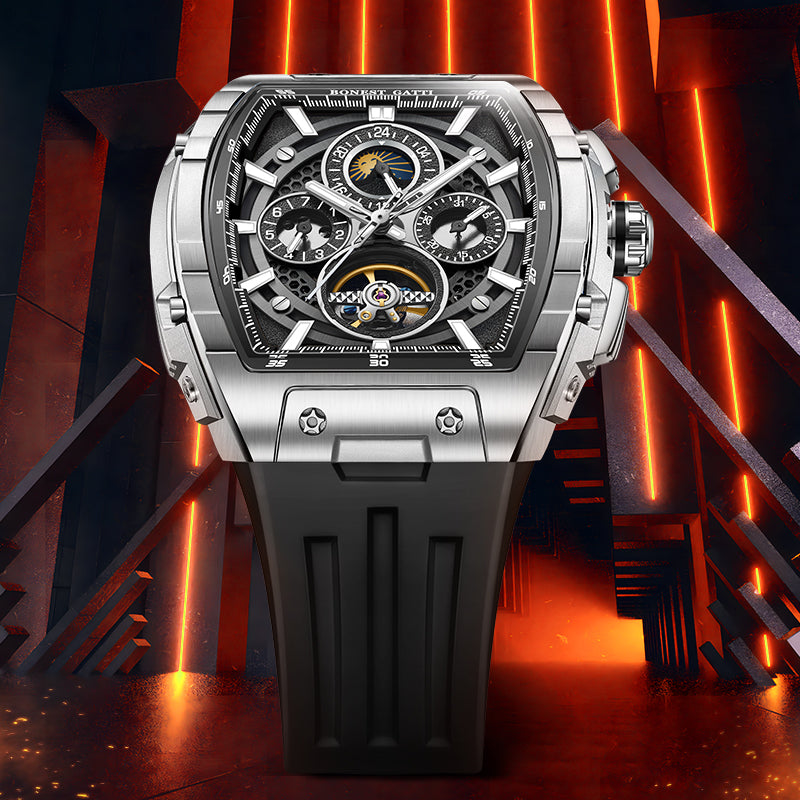 BONEST GATTI Automatic Tonneau Watch Calendar Week Display Skeleton Self Wind Movement Sapphire Crystal Luminous Watch BG5005