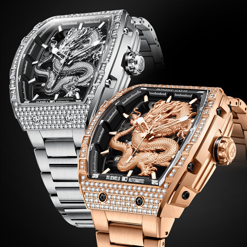 BONEST GATTI Barrel Dragon 185 Zircon Stones Bezel Stainless Steel Bracelet Men's Automatic Mechanical Watch Luminous BG5605L