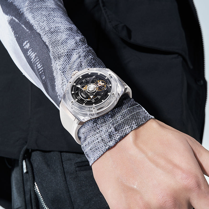 BONEST GATTI Transparent Case Dodecagon Bezel Automatic Skeleton Movement Round Shaped Fluororubber Strap Watch BG6003-R2