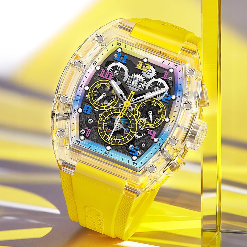 BONEST GATTI Barrel shaped Skeleton Movement K9 Crystal Case Fluororubber Strap Watch Luminous BG9920