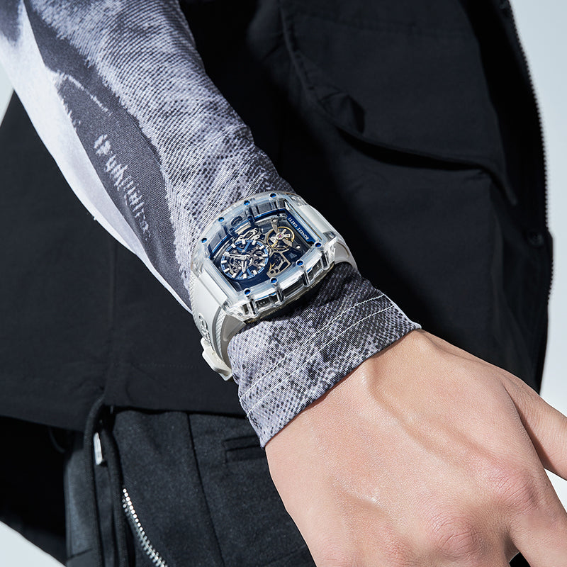 BONEST GATTI Barrel shaped K9 Crystal case Skeleton Movement Fluororubber Strap Watch Luminous BG6005