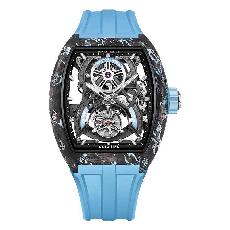 BONEST GATTI Automatic Tourbillon Movement Tonneau Shaped Forged Carbon Fiber Case Sapphire Crystal Fluororubber Strap Luminous BG7003