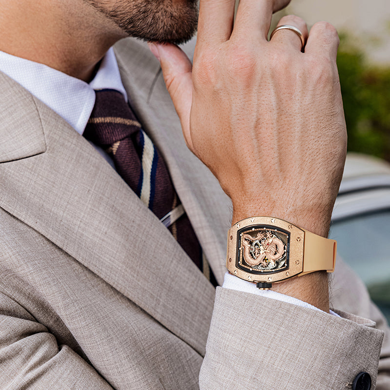 BONEST GATTI Tonneau Shaped Dragon theme frosted gold finishing Case Men's Automatic Mechanical Watch Luminous BG5003