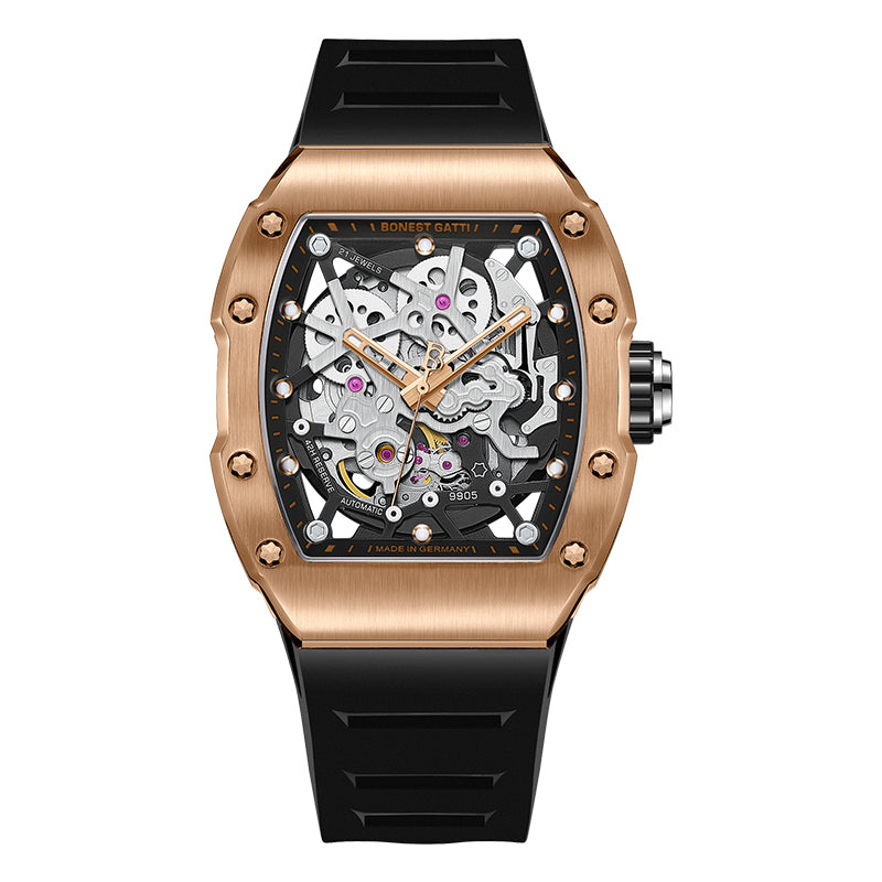 BONEST GATTI Barrel shaped Skeleton Sapphire Crystal CITIZEN Movement Watch BG9905