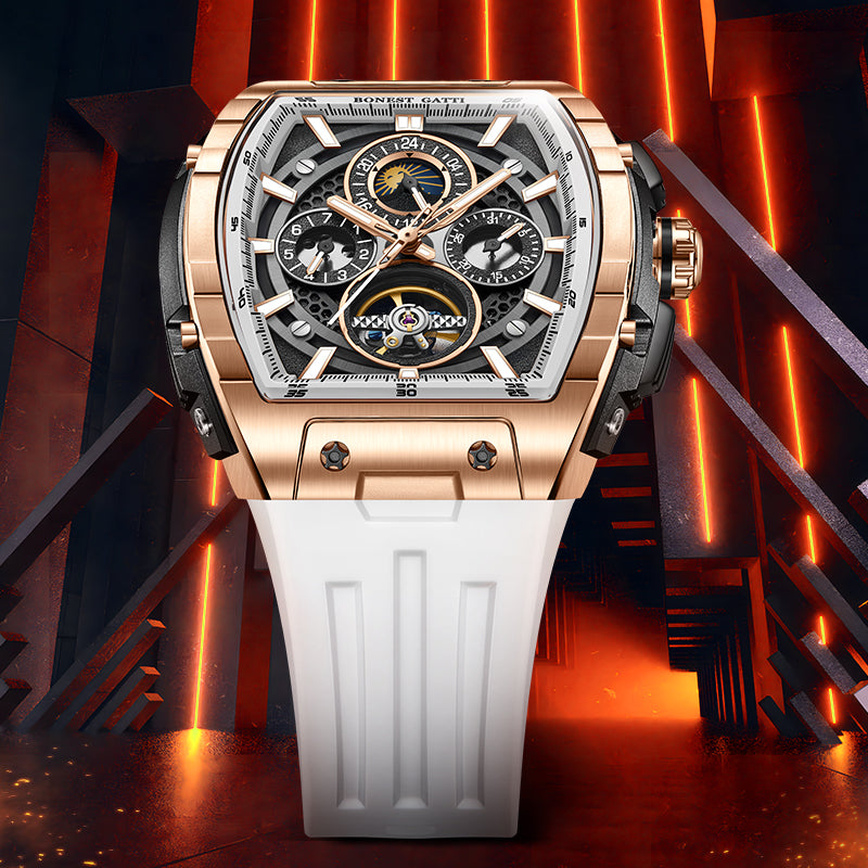 BONEST GATTI Automatic Tonneau Watch Calendar Week Display Skeleton Self Wind Movement Sapphire Crystal Luminous Watch BG5005