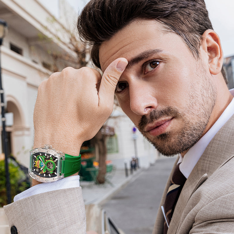 BONEST GATTI Crystal Case Dragon Barrel shaped Skeleton Movement K9 Crystal Case Fluororubber Strap Watch Luminous GB9980