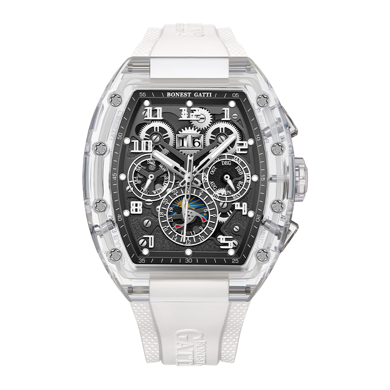 BONEST GATTI Barrel shaped Skeleton Movement K9 Crystal Case Fluororubber Strap Watch Luminous BG9920