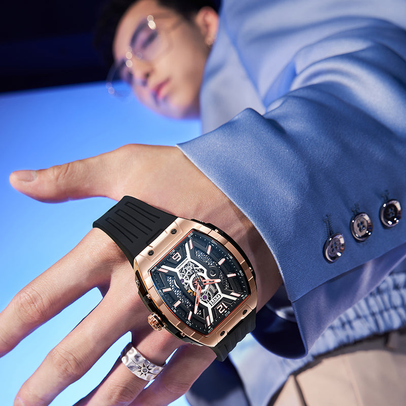 BONEST GATTI Automatic Tonneau Men Watch Barrel shaped Case Skeleton Self Wind Movement Wristwatch Luminous BG5601