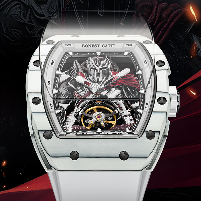 BONEST GATTI Automatic Tonneau Watch Spartan Warrior Series Carbon Fiber Skeleton Self Wind Movement Sapphire Crystal Luminous Watch BG9009