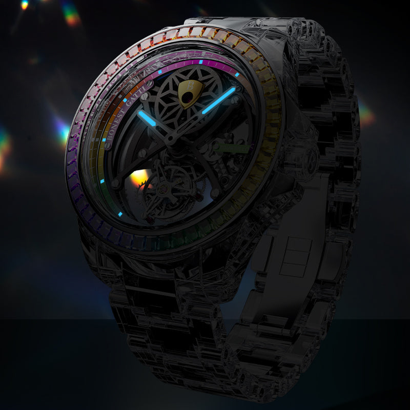 BONEST GATTI Automatic Tourbillon Movement Transparent K9 Crystal Case Skeleton Dial Sapphire Watch Crystal Rainbow Bezel K9 Crystal Bracelet 3ATM Waterproof Luminous BG7002