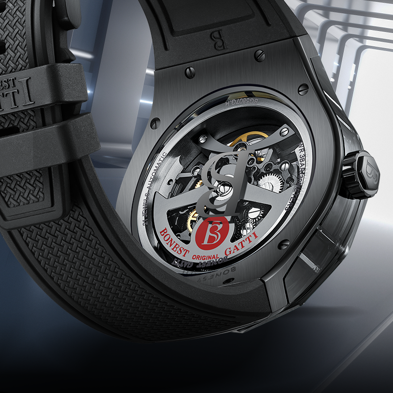 BONEST GATTI Transparent Case Dodecagon Bezel Automatic Skeleton Movement Round Shaped Fluororubber Strap Watch BG-5807