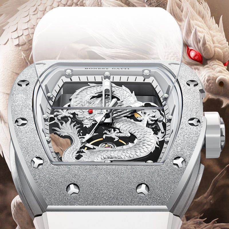 BONEST GATTI Tonneau Shaped Dragon theme frosted gold finishing Case Men's Automatic Mechanical Watch Luminous BG5003