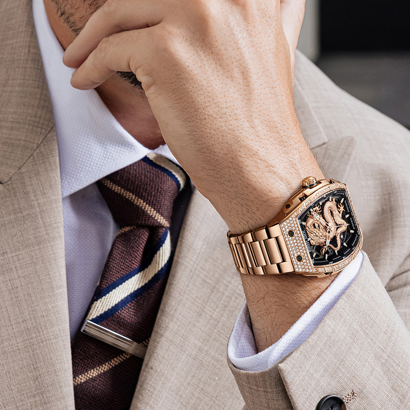 BONEST GATTI Barrel Dragon 185 Zircon Stones Bezel Stainless Steel Bracelet Men's Automatic Mechanical Watch Luminous BG5605L