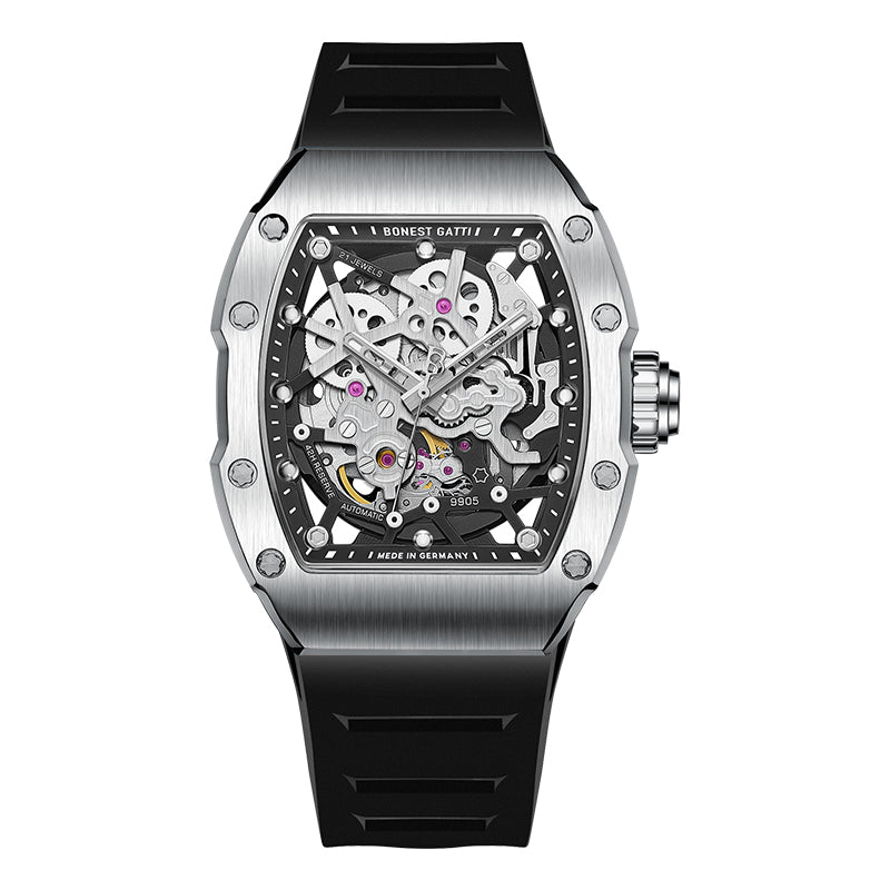 BONEST GATTI Barrel shaped Skeleton Sapphire Crystal CITIZEN Movement Watch BG9905