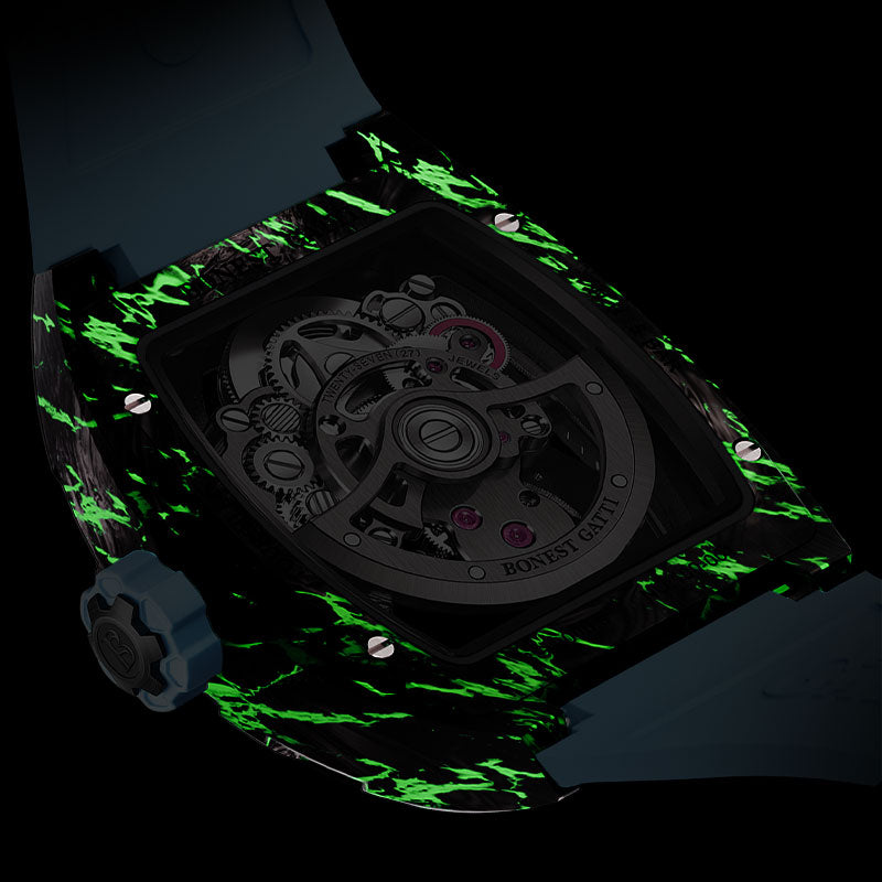 BONEST GATTI Automatic Tourbillon Movement Tonneau Shaped Forged Carbon Fiber Case Sapphire Crystal Fluororubber Strap Luminous BG7003