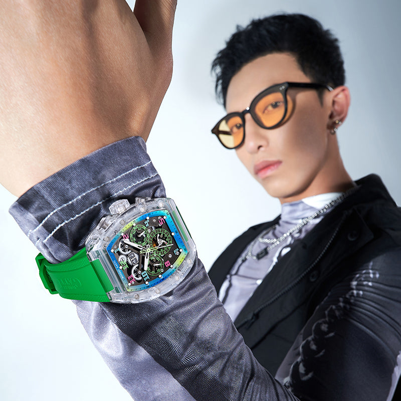 BONEST GATTI Barrel shaped Skeleton Movement K9 Crystal Case Fluororubber Strap Watch Luminous BG9920
